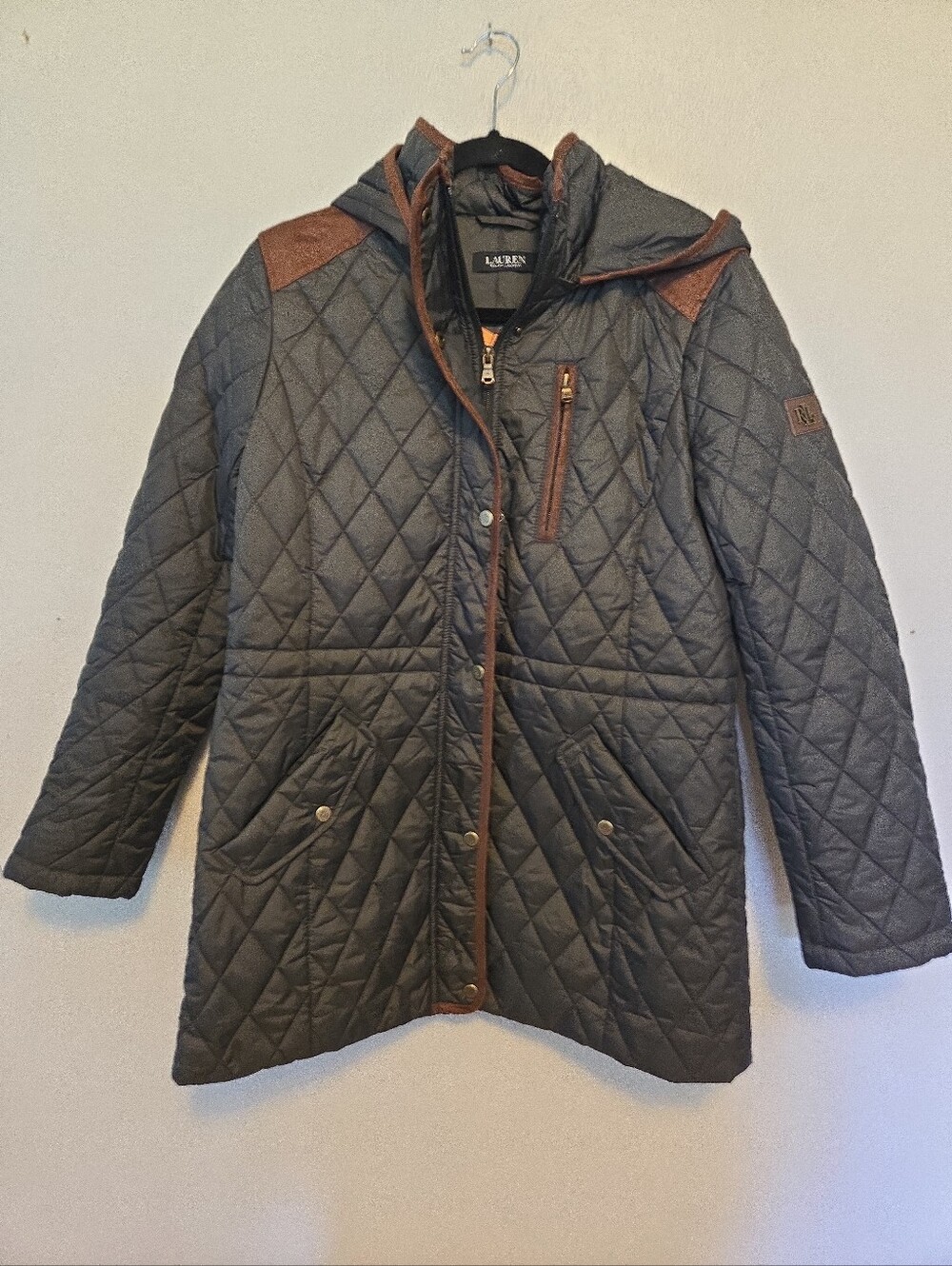 Lauren Ralph Lauren Quilted Hooded Puffer Jacket Olive Green Brown M